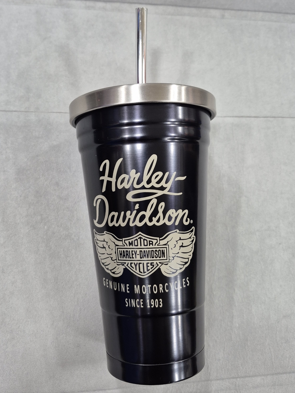 Harley Davidson tumbler and straw black and silver 16oz stainless steel 7 inches - Picture 3 of 15